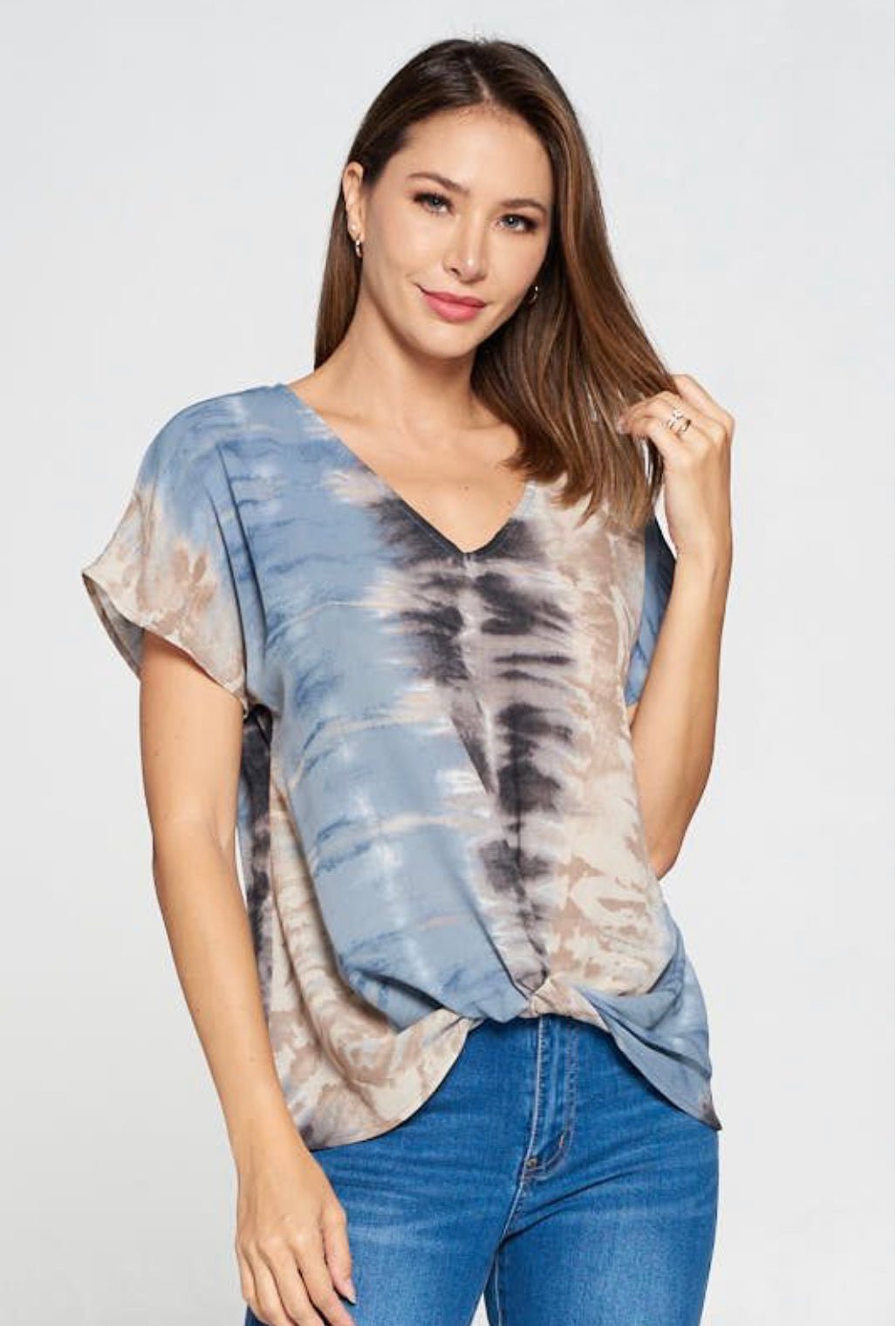 Image of West K Leah Short Sleeve Woven Top Blue Tan Tie Dye