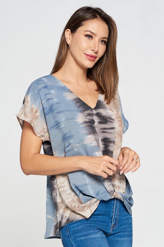 Image of West K Leah Short Sleeve Woven Top Blue Tan Tie Dye