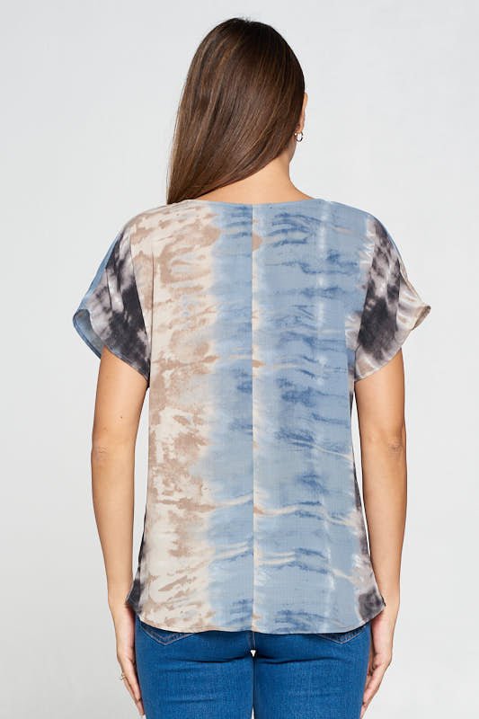 Image of West K Leah Short Sleeve Woven Top Blue Tan Tie Dye