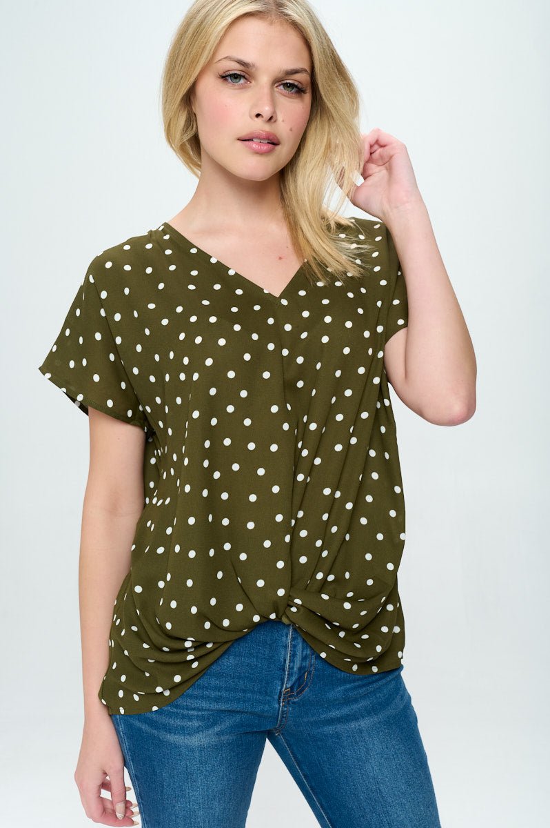 Image of West K Leah Short Sleeve Woven Top Olive Polka Dot