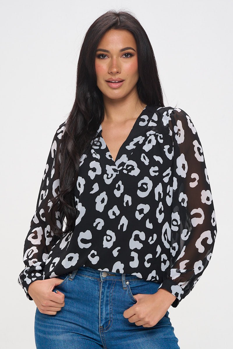 Image of West K Lennox V - neck Sheer Sleeve Blouse Black White Leopard