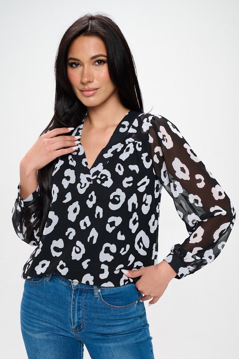 Image of West K Lennox V - neck Sheer Sleeve Blouse Black White Leopard