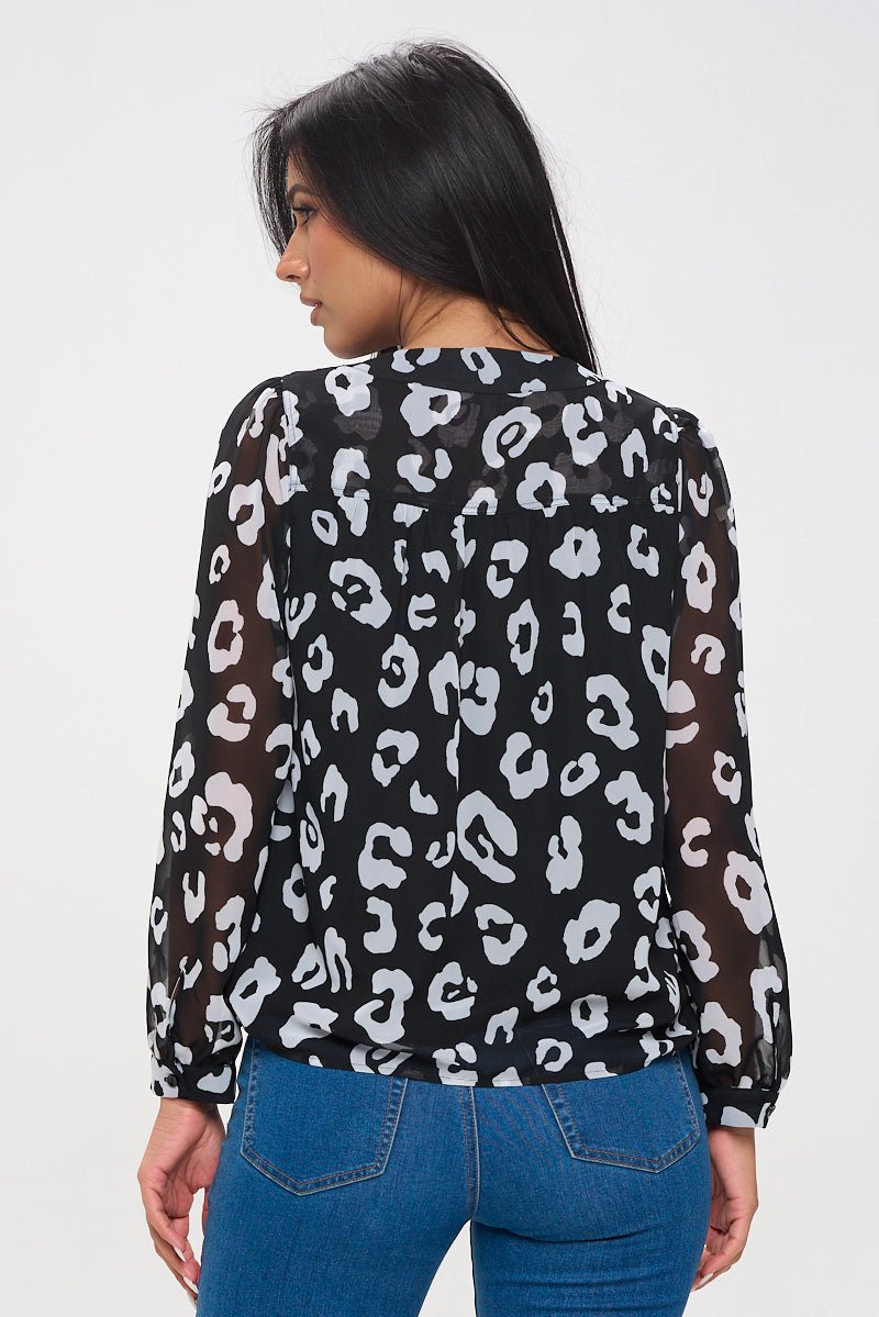 Image of West K Lennox V - neck Sheer Sleeve Blouse Black White Leopard