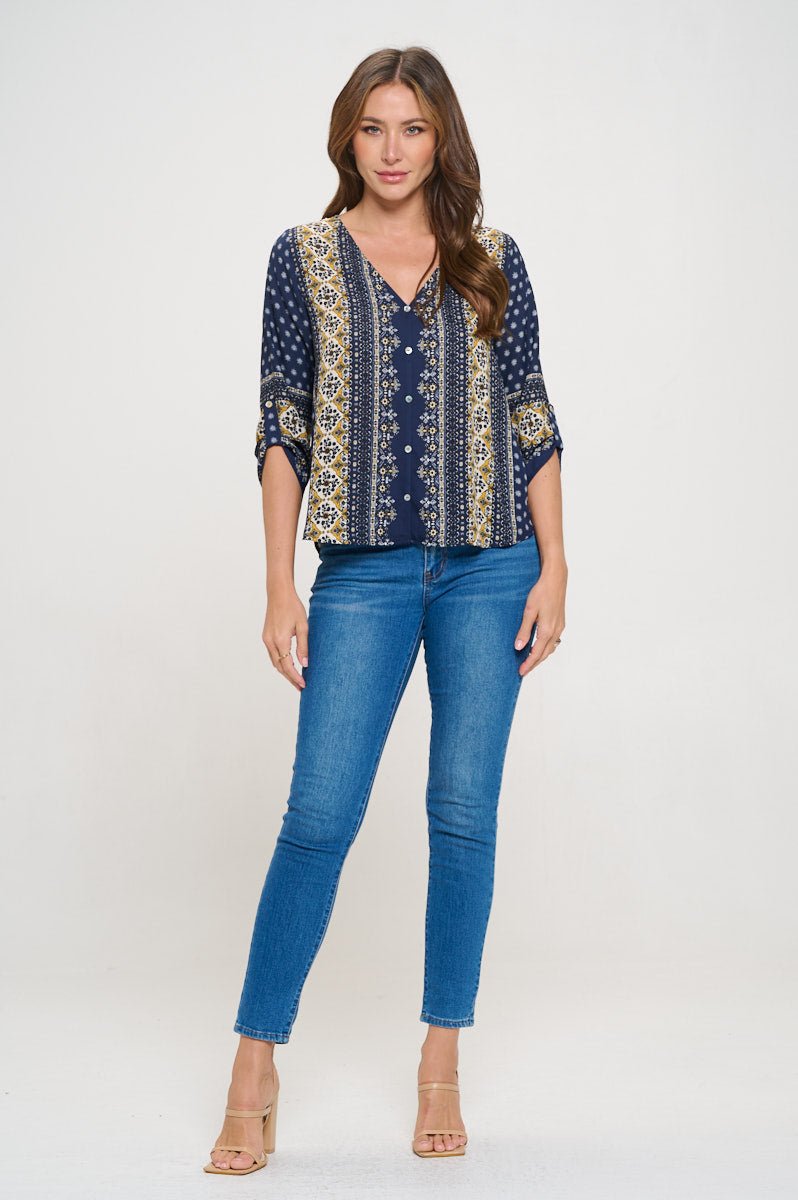 Image of West K Lina Roll - tab Sleeve V - neck Blouse Navy Medallion