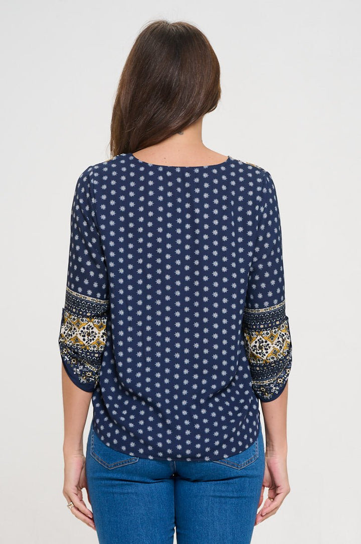 Image of West K Lina Roll - tab Sleeve V - neck Blouse Navy Medallion