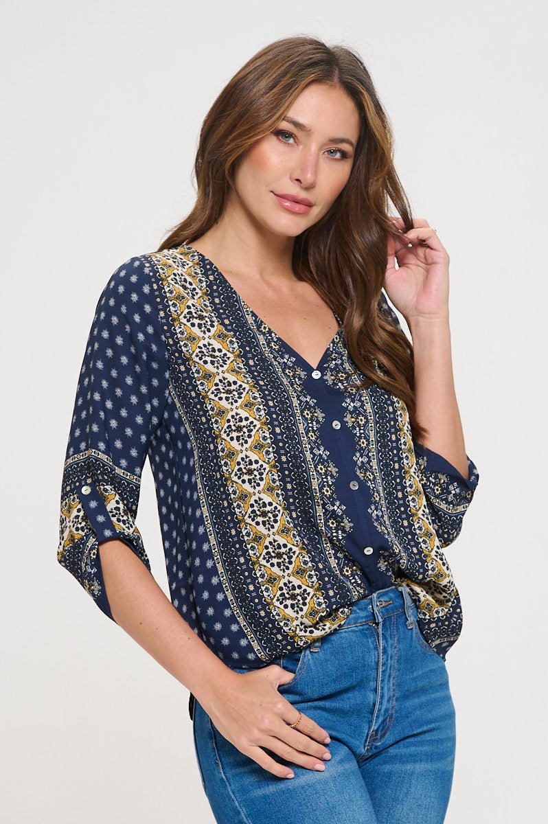 Image of West K Lina Roll - tab Sleeve V - neck Blouse Navy Medallion