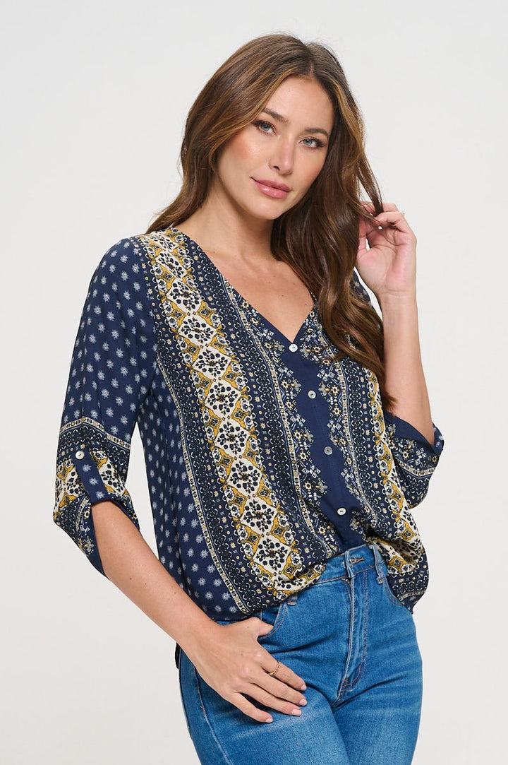 Image of West K Lina Roll - tab Sleeve V - neck Blouse Navy Medallion