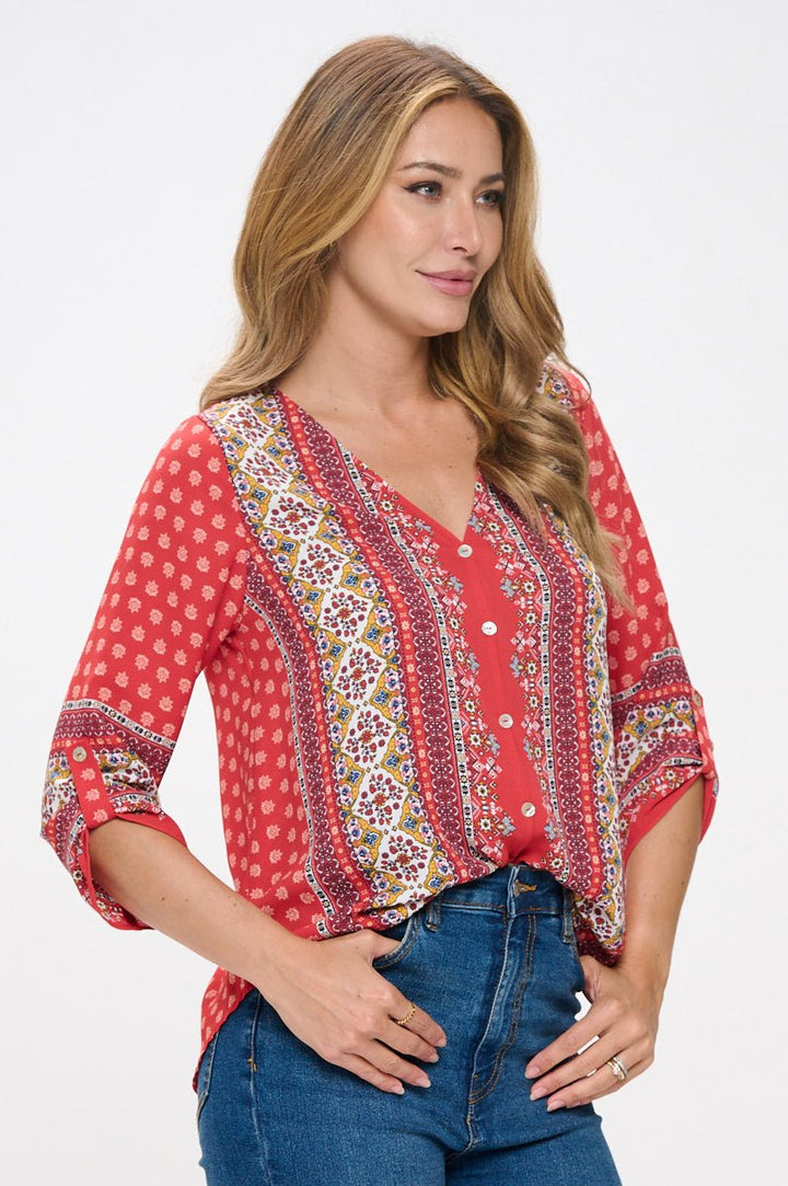 Image of West K Lina Roll - tab Sleeve V - neck Blouse Orange Medallion