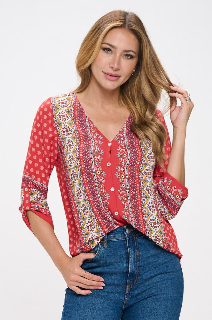 Image of West K Lina Roll - tab Sleeve V - neck Blouse Orange Medallion