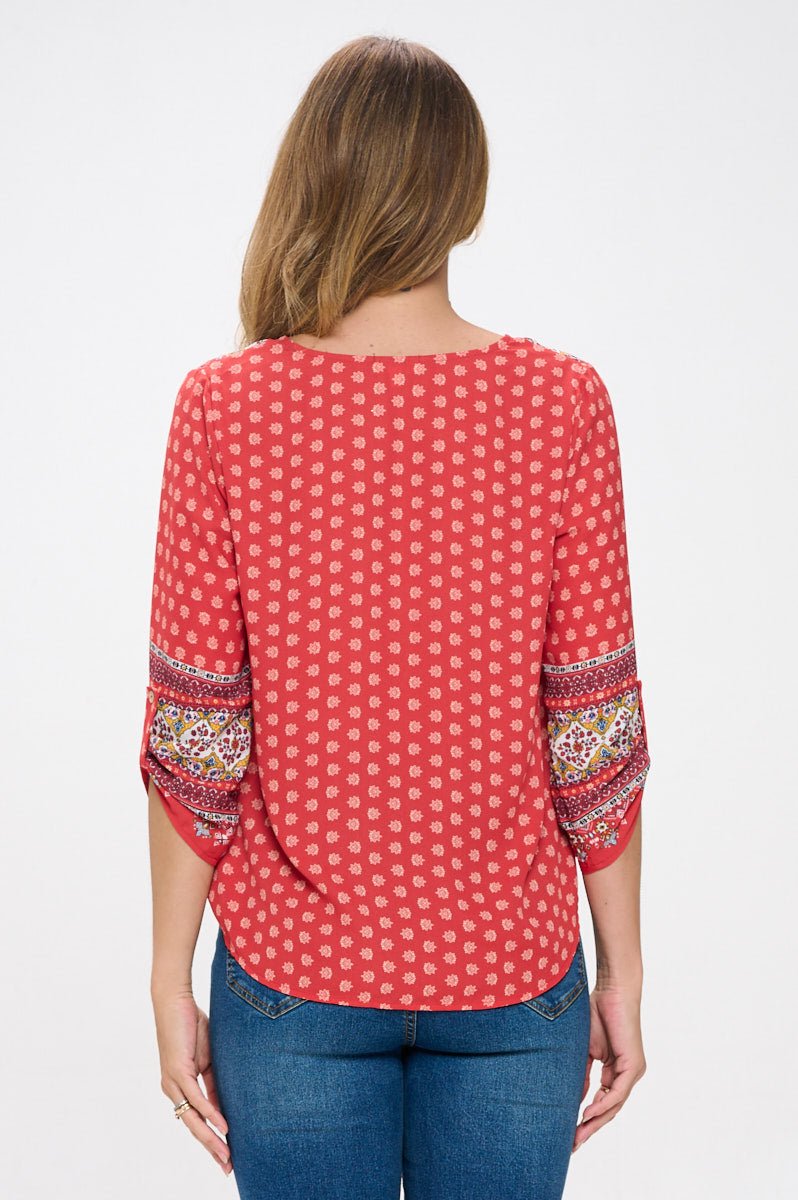 Image of West K Lina Roll - tab Sleeve V - neck Blouse Orange Medallion