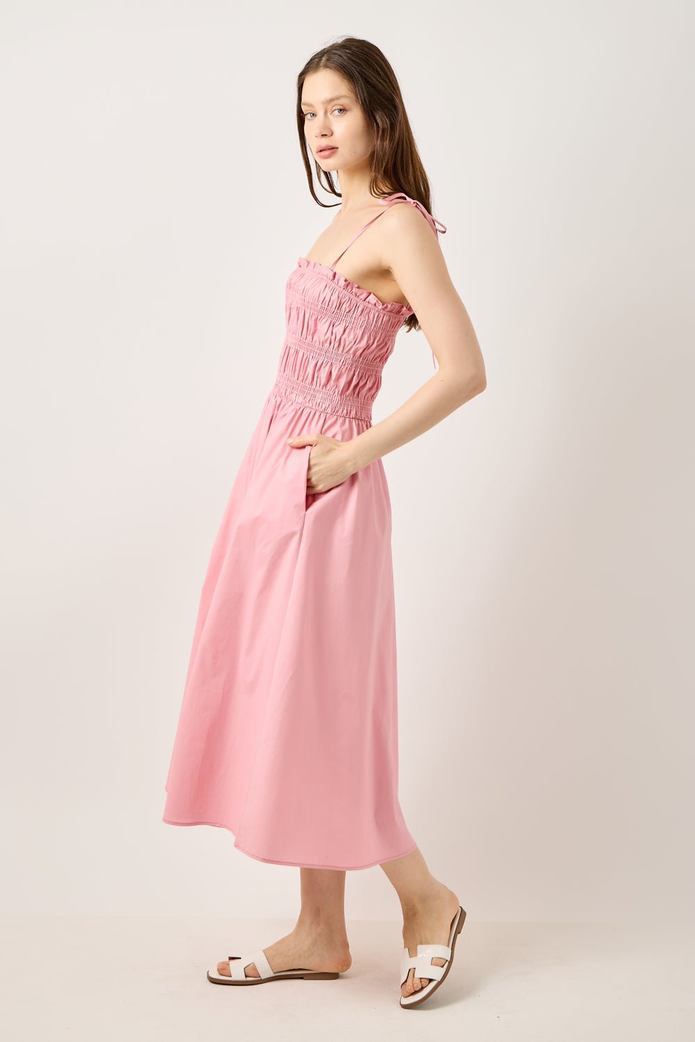 Image of West K Lorelei Smocked Tie - Strap Midi Dress Pink