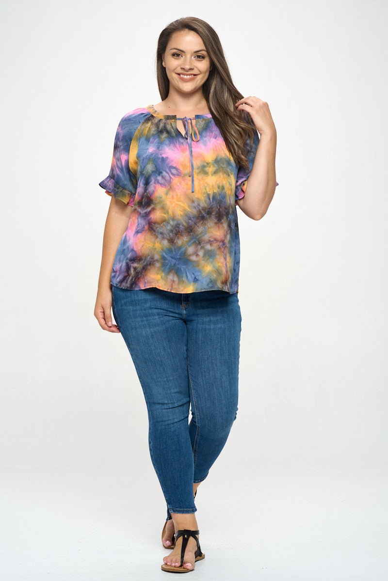 Image of West K Luciana Ruffle Sleeve Tie Neck Blouse Blue Pink Tie Dye