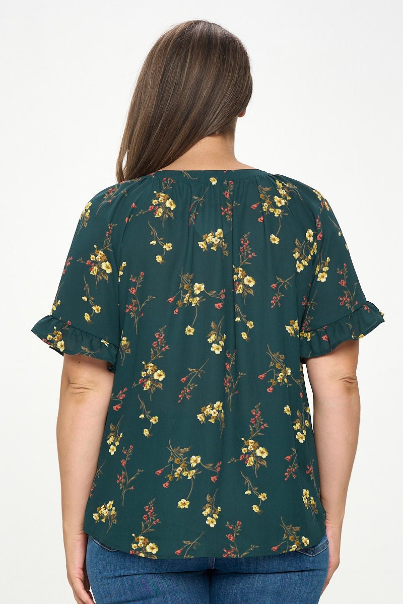 Image of West K Luciana Ruffle Sleeve Tie Neck Blouse Green Yellow Floral