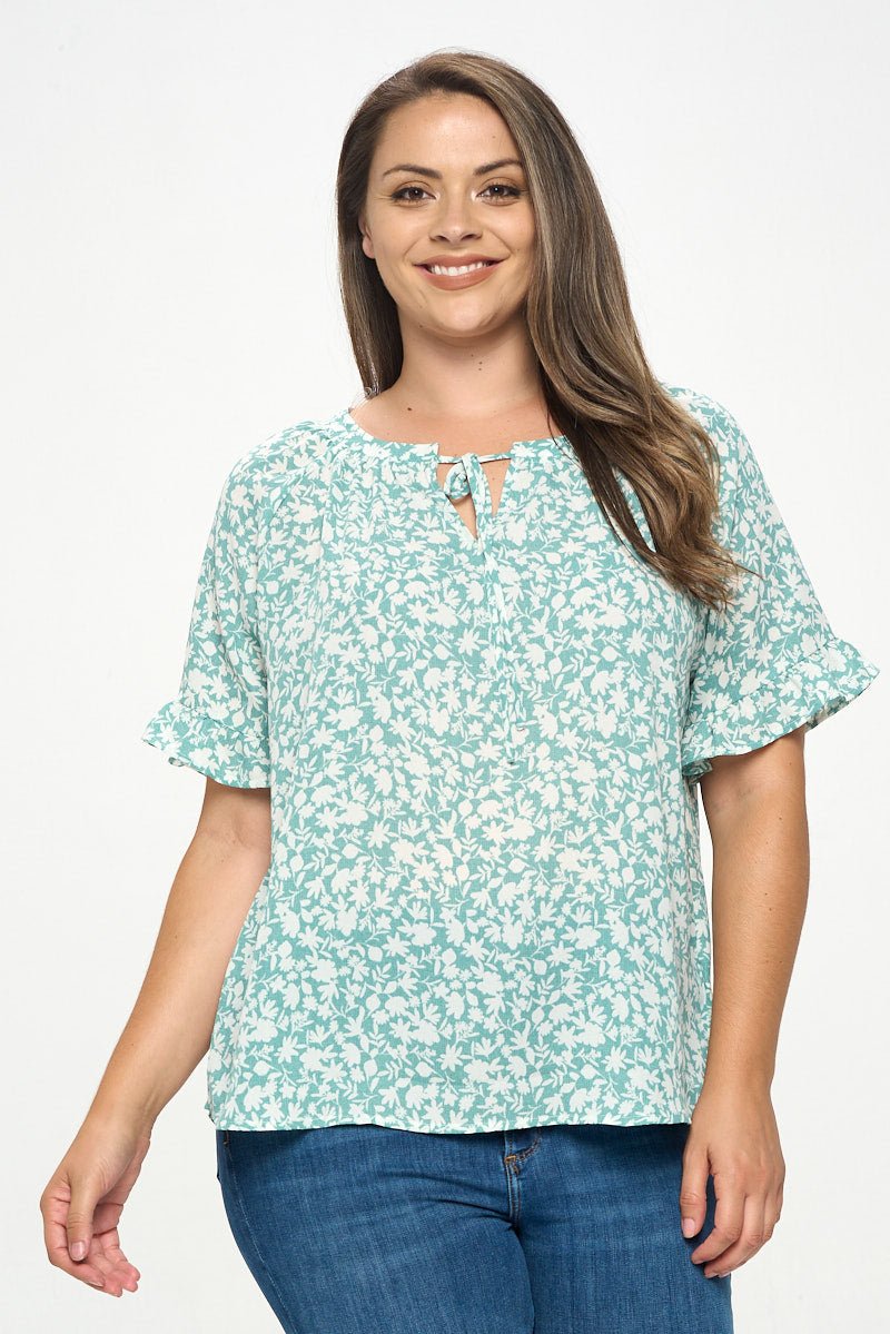 Image of West K Luciana Ruffle Sleeve Tie Neck Blouse Seafoam White Floral