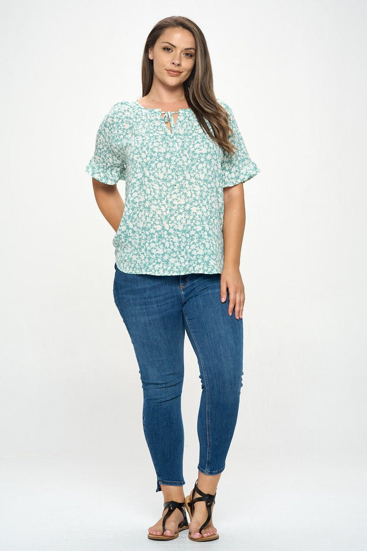 Image of West K Luciana Ruffle Sleeve Tie Neck Blouse Seafoam White Floral