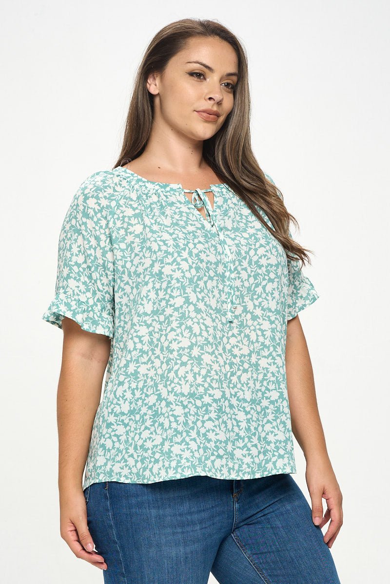 Image of West K Luciana Ruffle Sleeve Tie Neck Blouse Seafoam White Floral