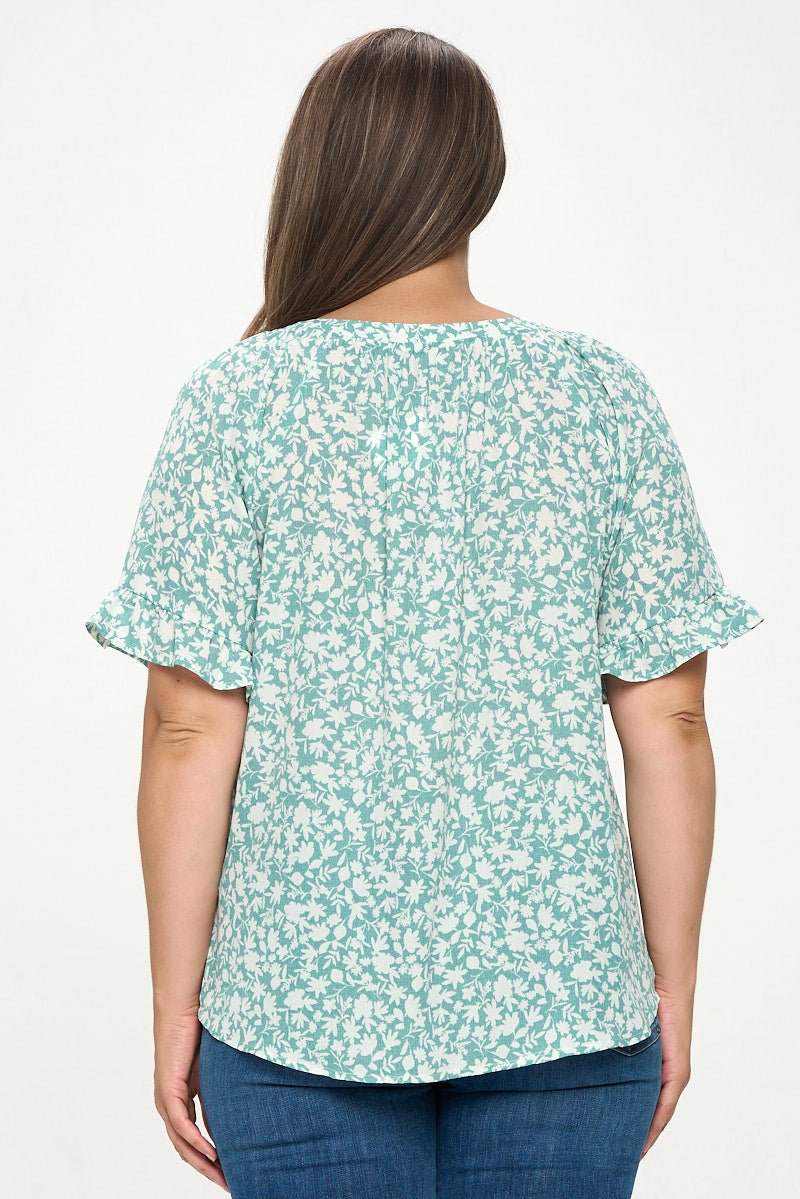 Image of West K Luciana Ruffle Sleeve Tie Neck Blouse Seafoam White Floral