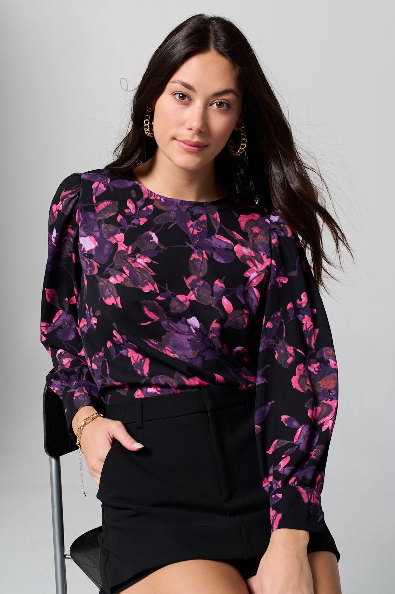 Image of West K Malaya Long Sleeve Printed Blouse with Wide Cuff Black White Floral