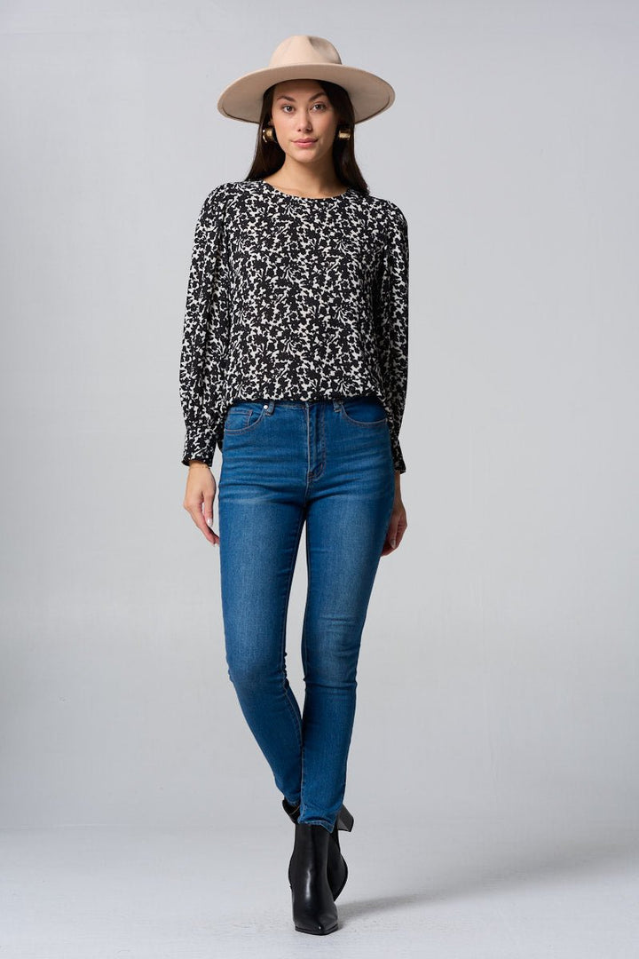 Image of West K Malaya Long Sleeve Printed Blouse with Wide Cuff Black White Floral