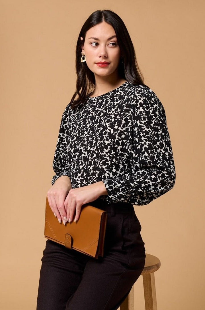 Image of West K Malaya Long Sleeve Printed Blouse with Wide Cuff Black White Floral