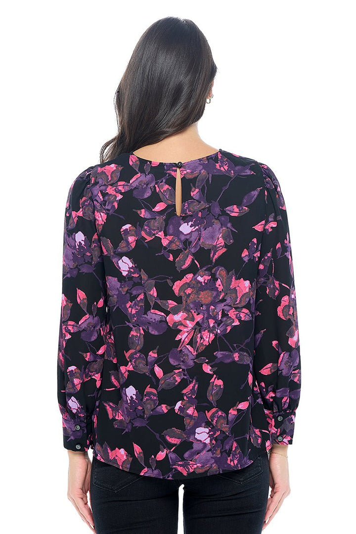 Image of West K Malaya Long Sleeve Printed Blouse with Wide Cuff Purple Black Floral