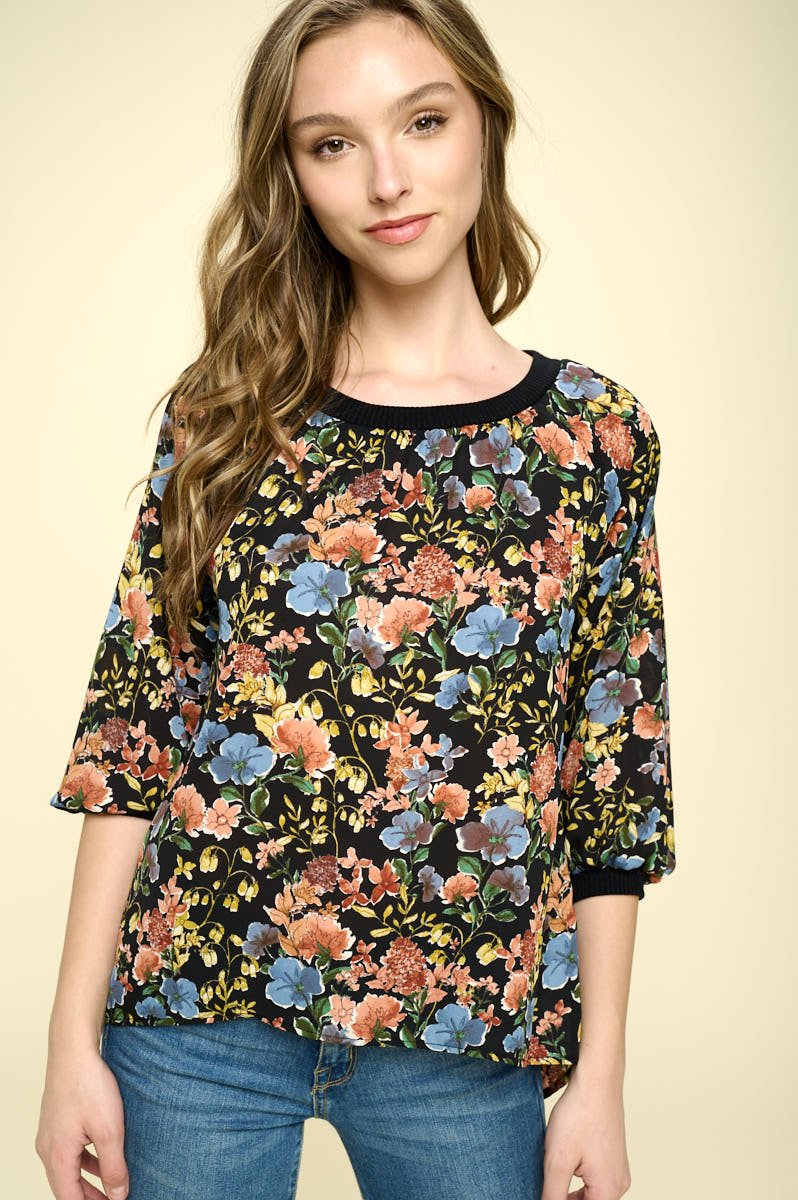 Image of West K Mara Print Blouse Black Floral Multi