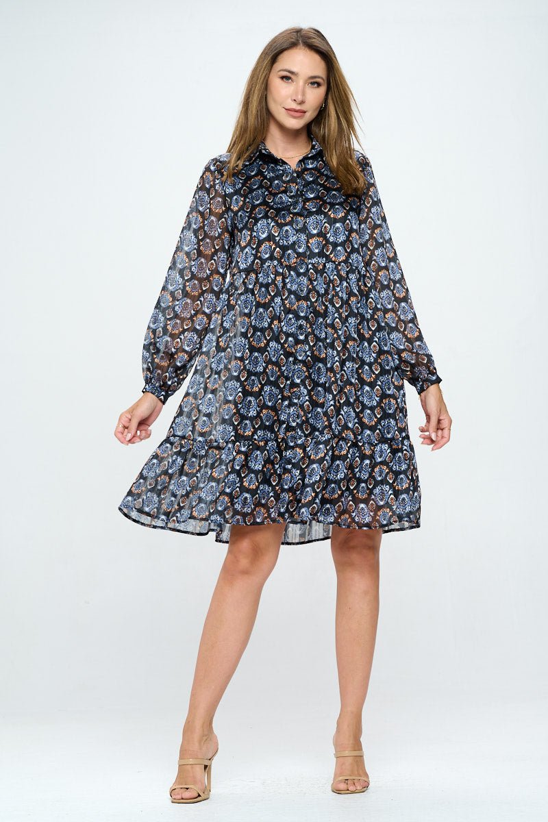 Image of West K Margot Long Sleeve Chiffon Dress Steel Blue Abstract