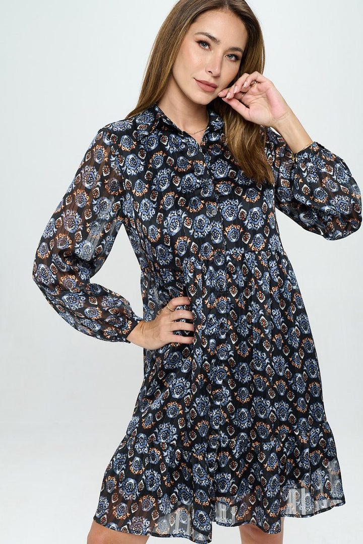 Image of West K Margot Long Sleeve Chiffon Dress Steel Blue Abstract