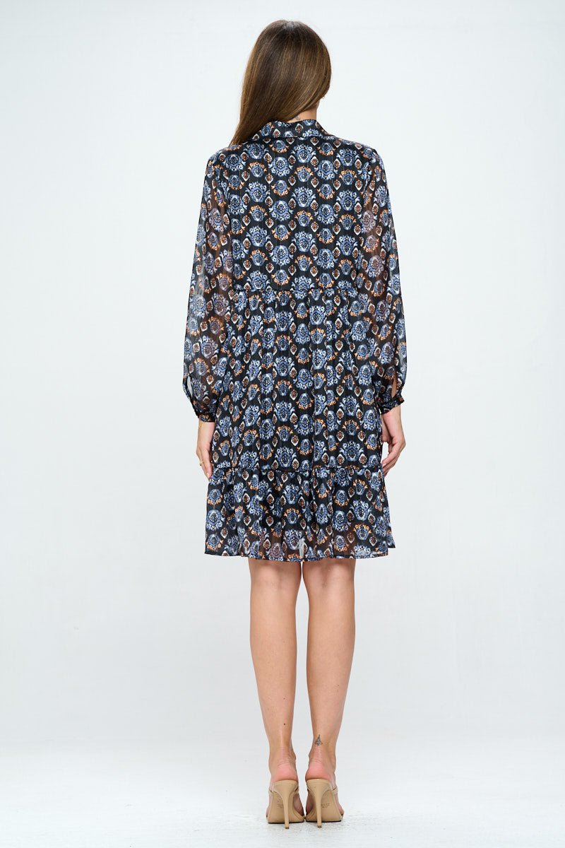 Image of West K Margot Long Sleeve Chiffon Dress Steel Blue Abstract