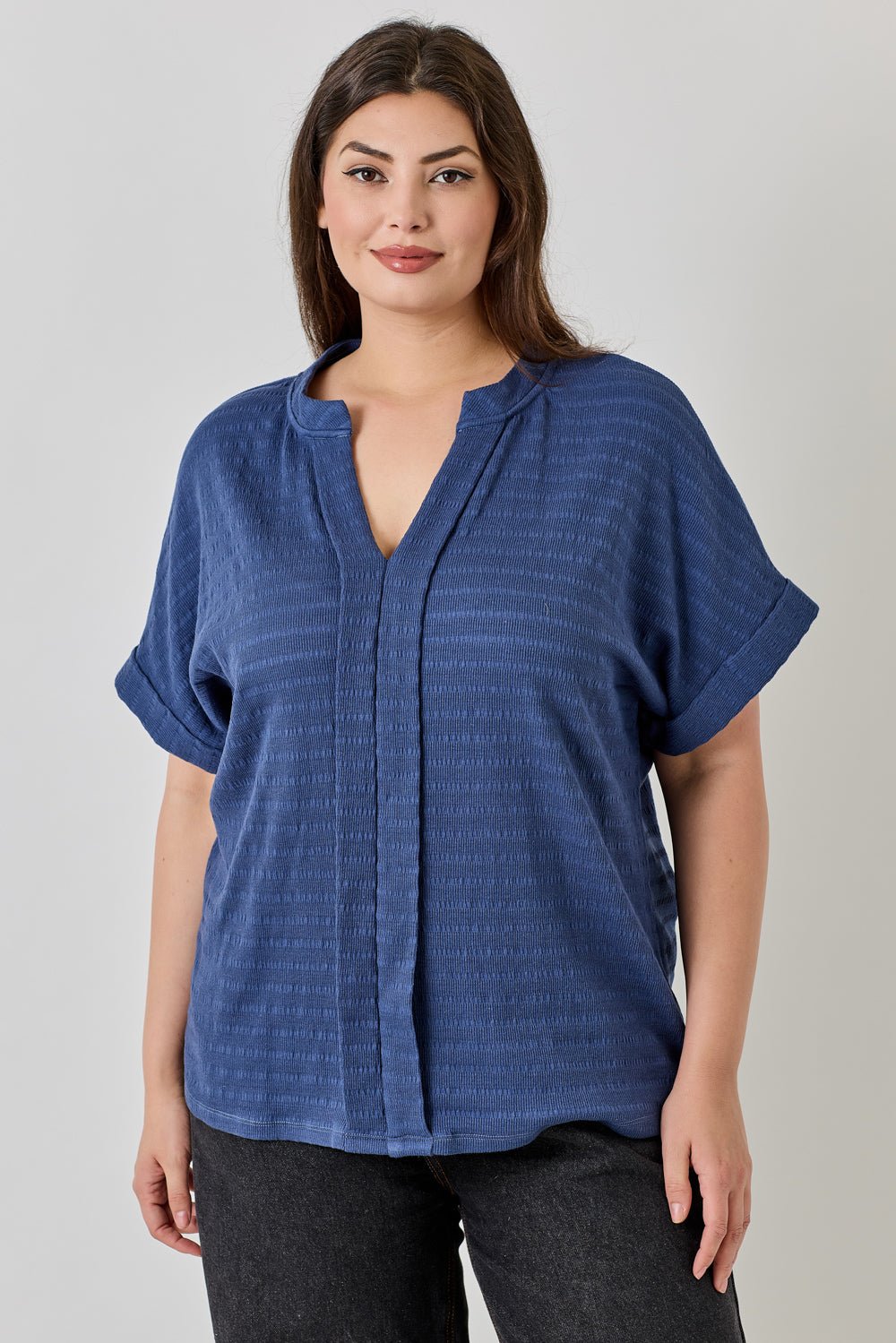 Image of West K Maribel Plus Size Smocked Knit Dolman Sleeve Blouse Washed Navy