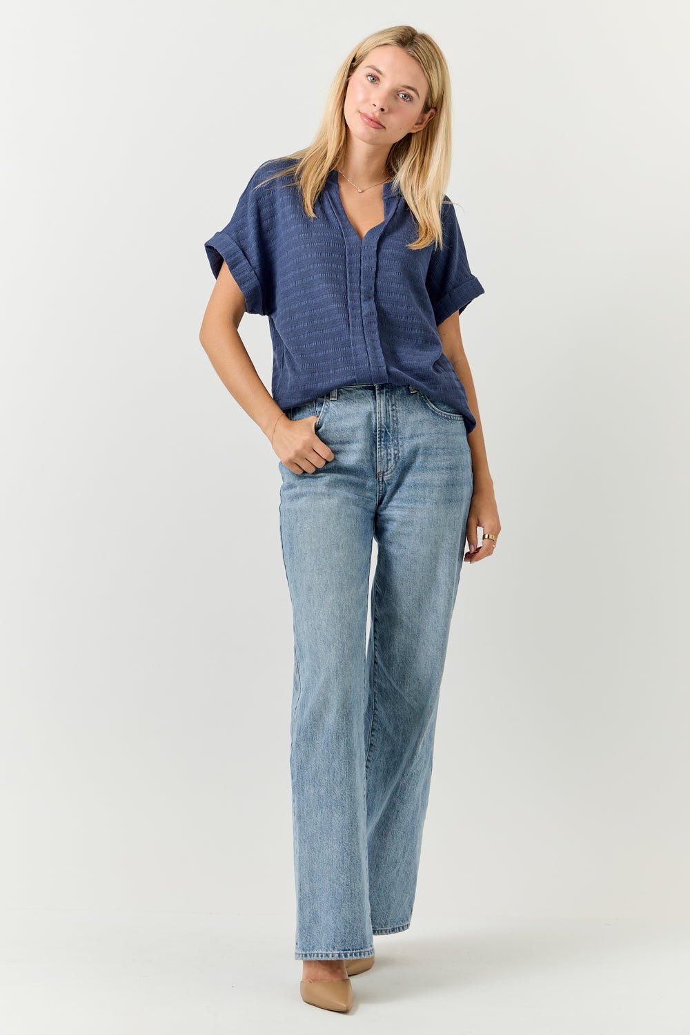 Image of West K Maribel Smocked Knit Dolman Sleeve Blouse Washed Navy