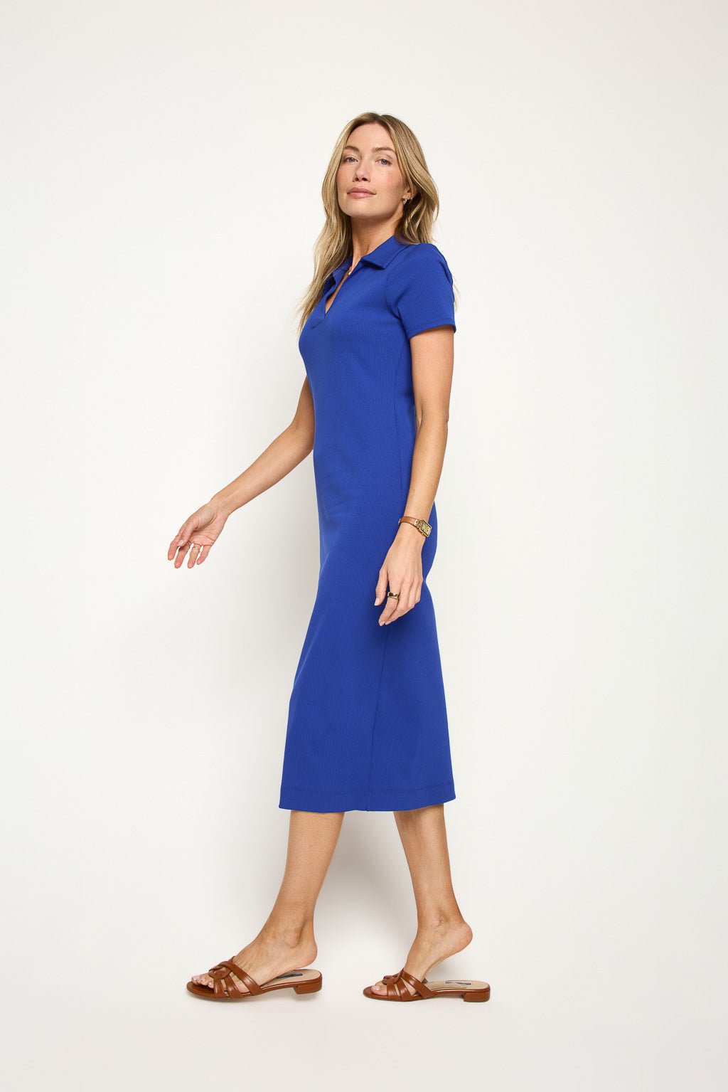 Image of West K Megan S/S Ribbed Midi Dress with Collar Cobalt Blue