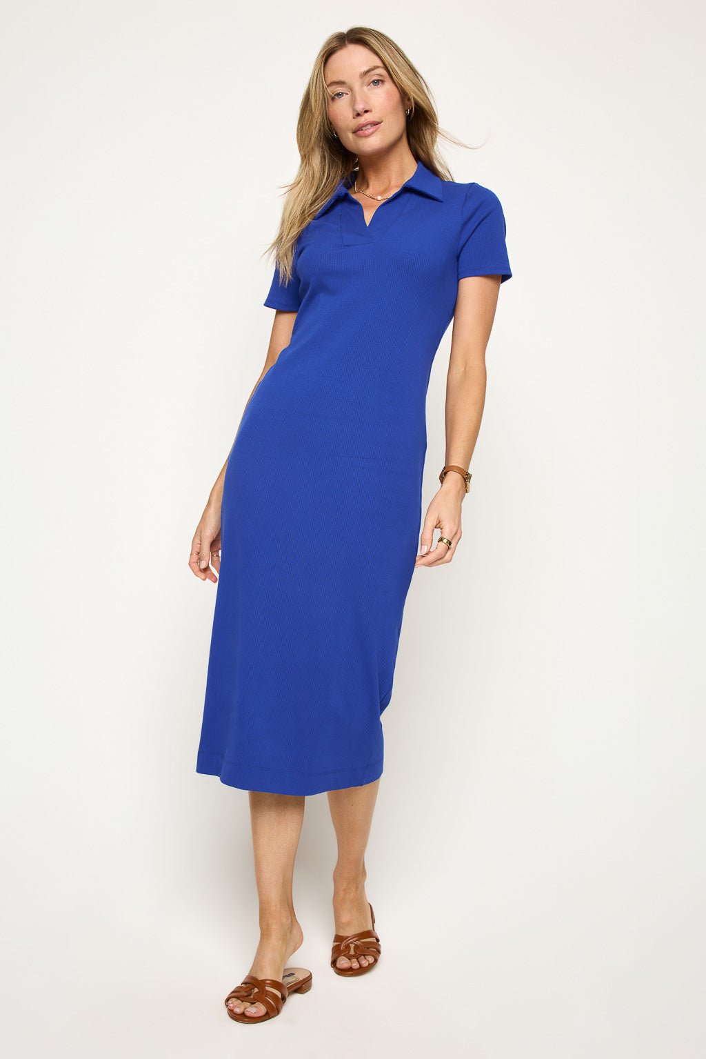 Image of West K Megan S/S Ribbed Midi Dress with Collar Cobalt Blue