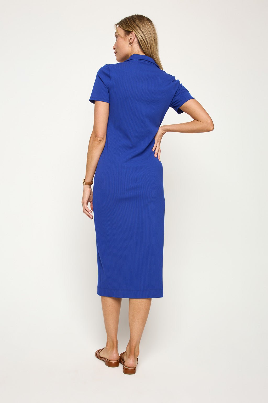 Image of West K Megan S/S Ribbed Midi Dress with Collar Cobalt Blue