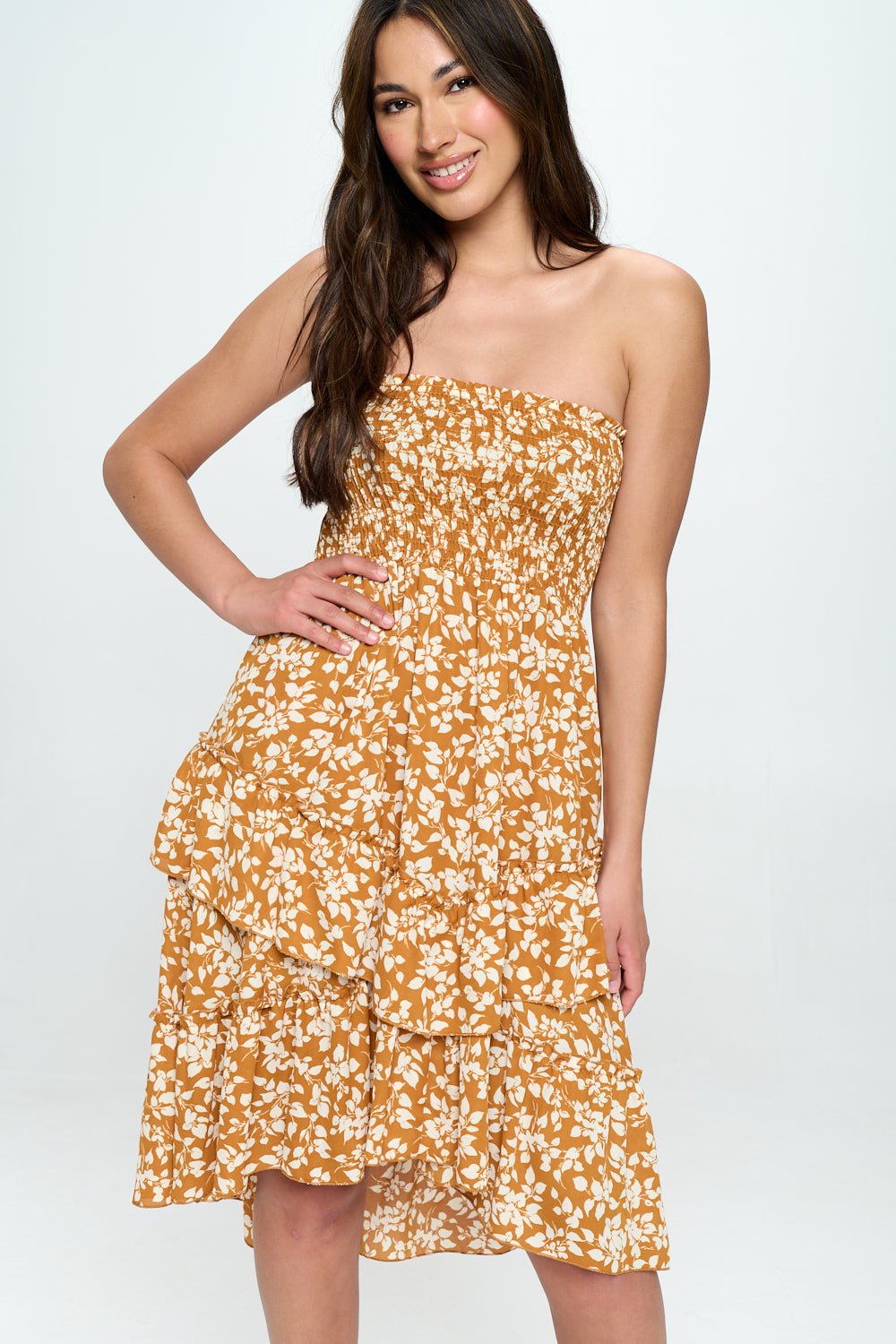 Image of West K Michelle Smocked Strapless Dress Caramel Floral