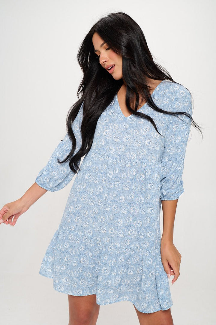 Image of West K Millie V - Neck Short Swing Dress Baby Blue Floral