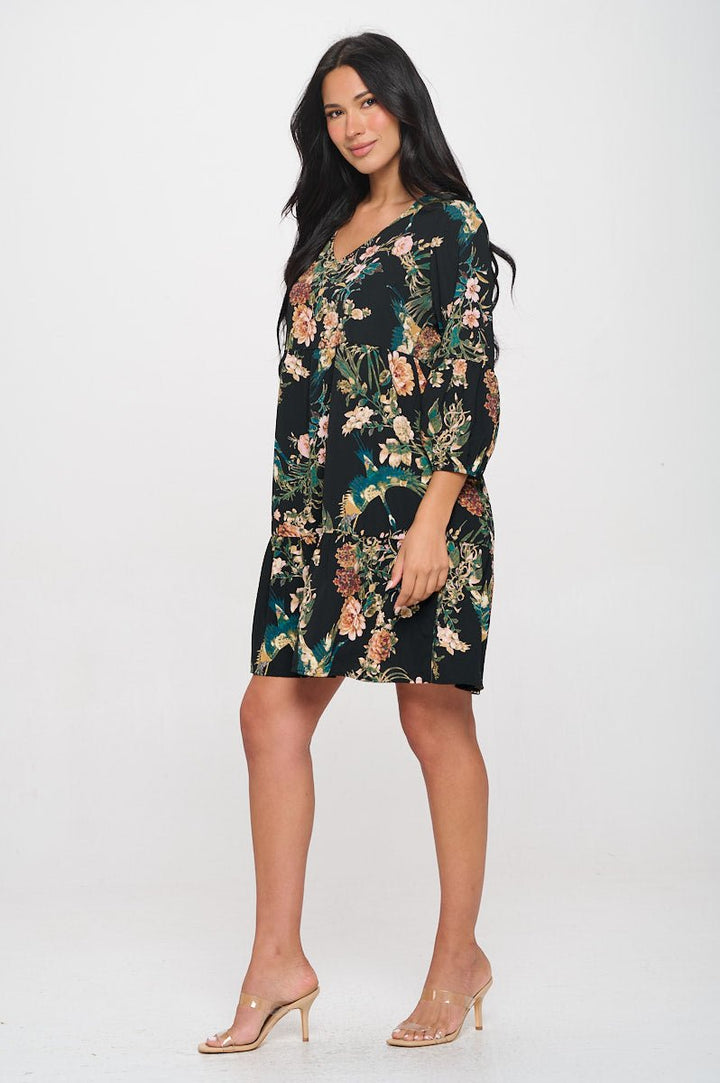 Image of West K Millie V - Neck Short Swing Dress Black Mauve Floral