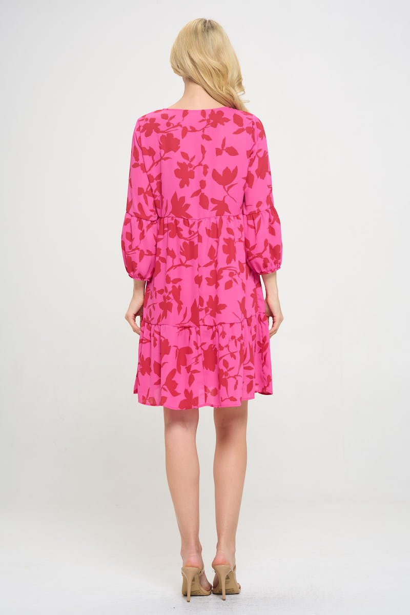 Image of West K Millie V - Neck Short Swing Dress Hot Pink Floral