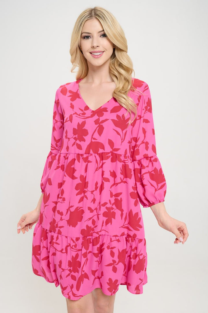 Image of West K Millie V - Neck Short Swing Dress Hot Pink Floral