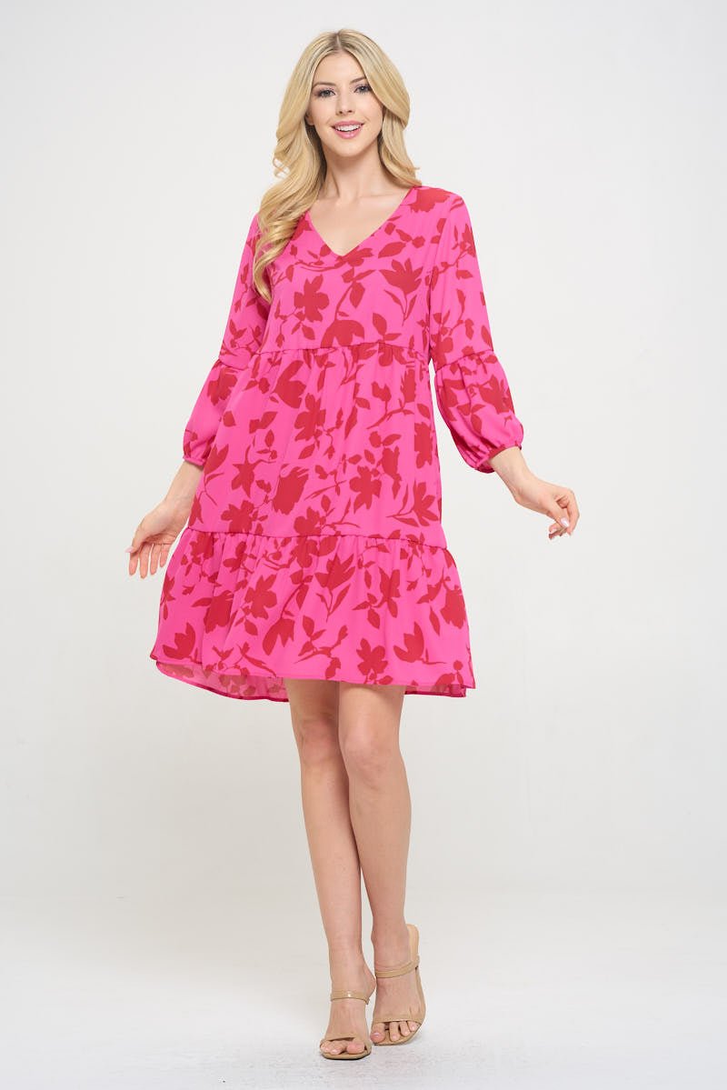 Image of West K Millie V - Neck Short Swing Dress Hot Pink Floral