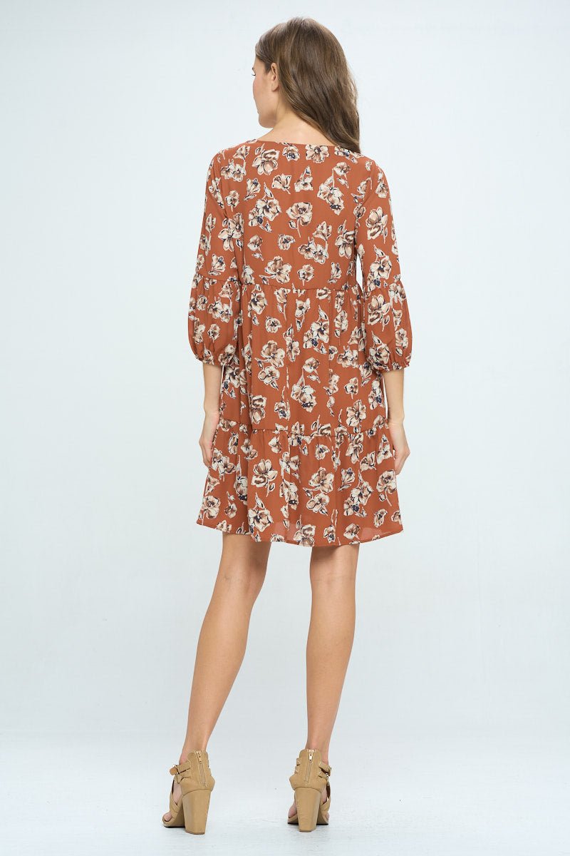 Image of West K Millie V - Neck Short Swing Dress Rust Floral