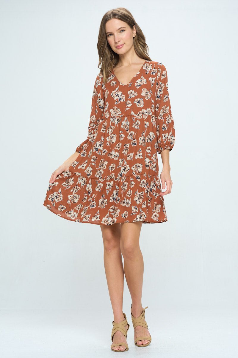 Image of West K Millie V - Neck Short Swing Dress Rust Floral