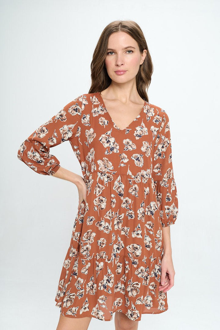 Image of West K Millie V - Neck Short Swing Dress Rust Floral