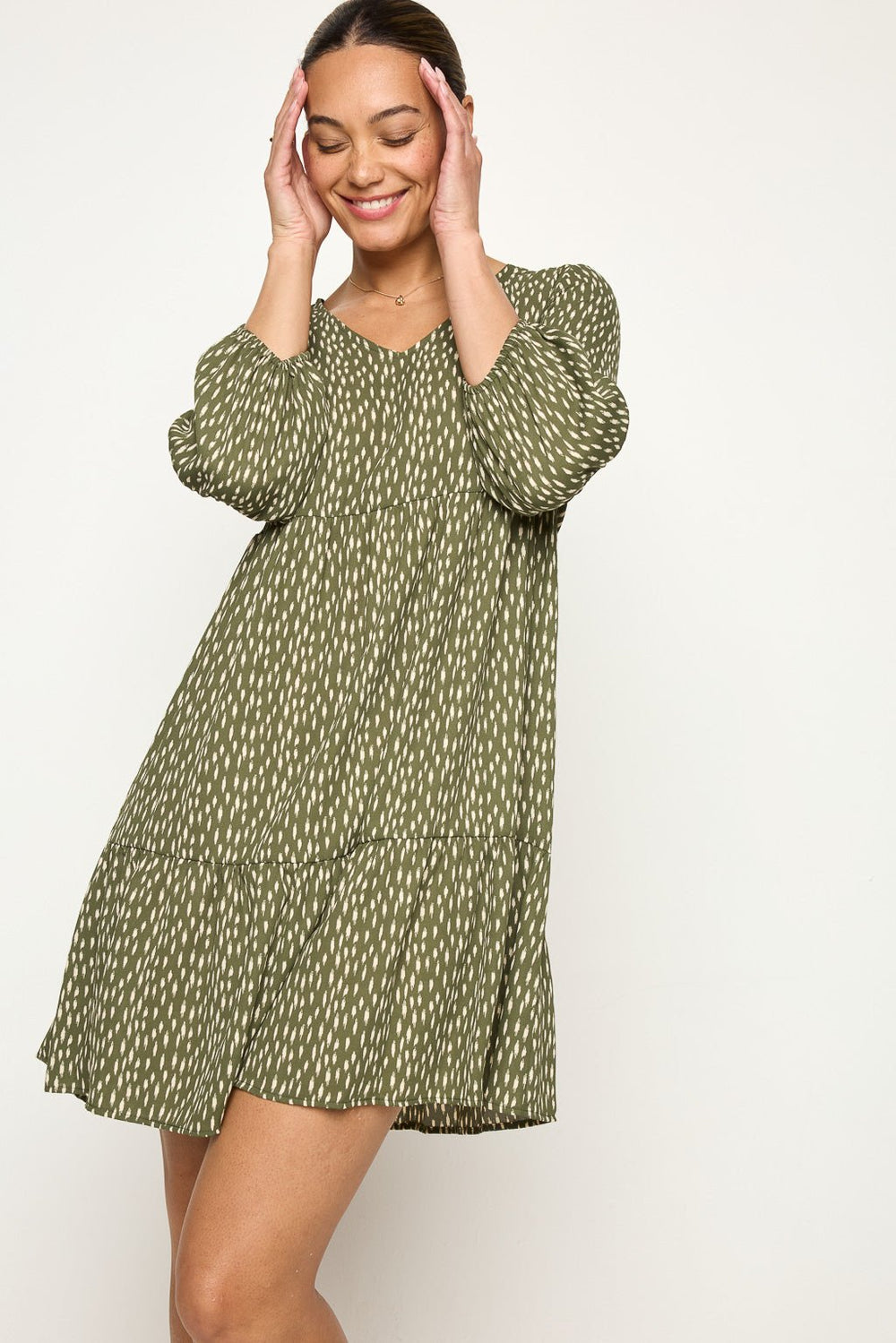 Image of West K Millie V - Neck Short Swing Dress Sage Print