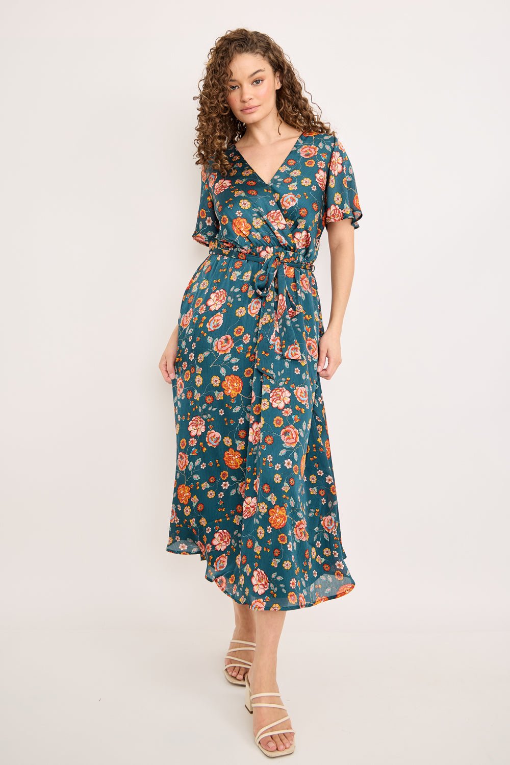 Image of West K Mira Flutter Sleeve Surplice Midi Dress Teal Floral