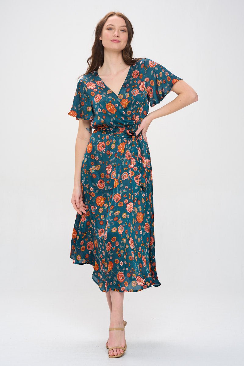 Image of West K Mira Flutter Sleeve Surplice Neck Georgette Midi Dress Dark Teal Floral