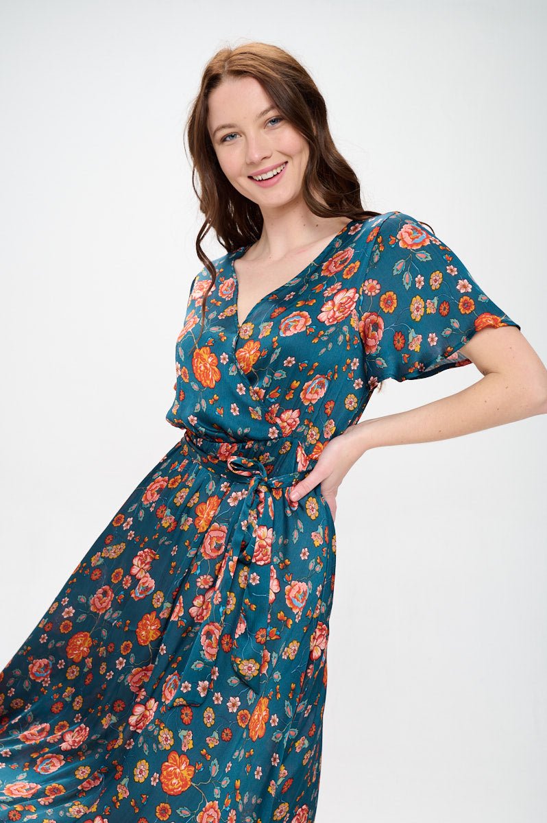 Image of West K Mira Flutter Sleeve Surplice Neck Georgette Midi Dress Dark Teal Floral