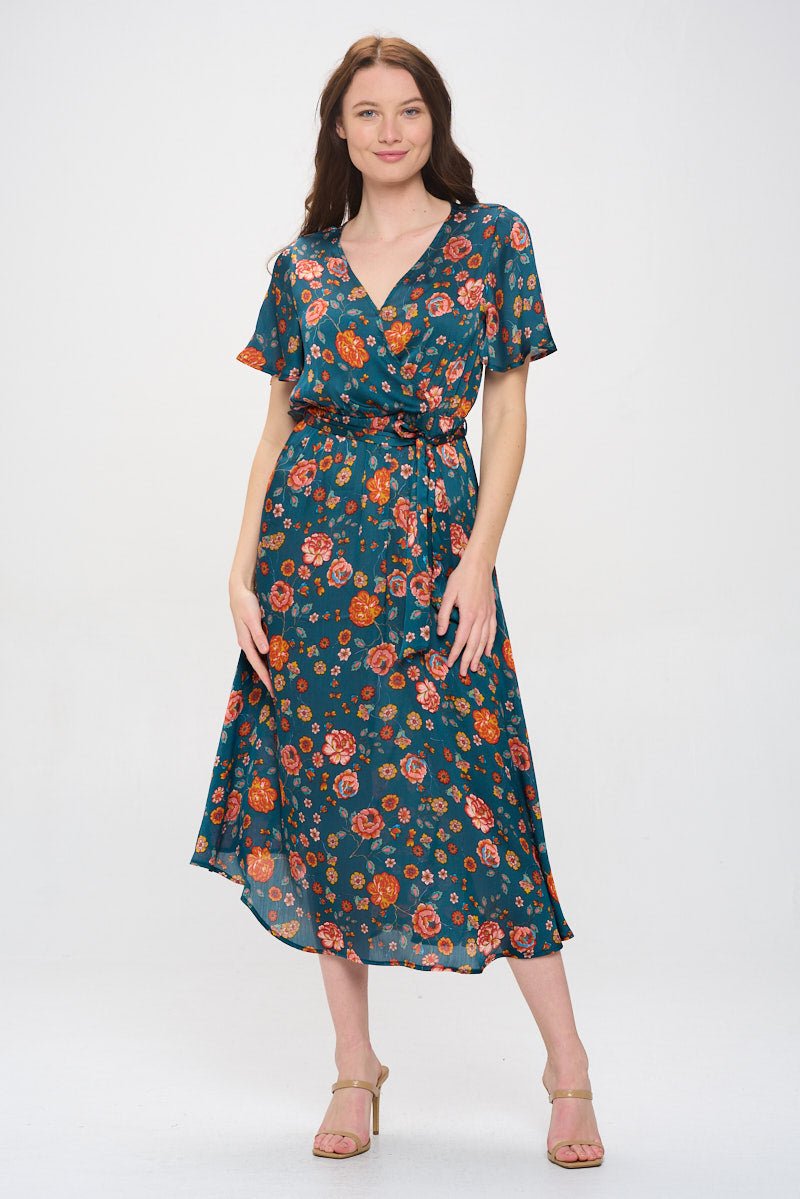 Image of West K Mira Flutter Sleeve Surplice Neck Georgette Midi Dress Dark Teal Floral