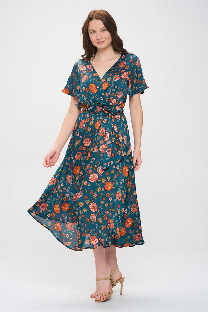 Image of West K Mira Flutter Sleeve Surplice Neck Georgette Midi Dress Dark Teal Floral