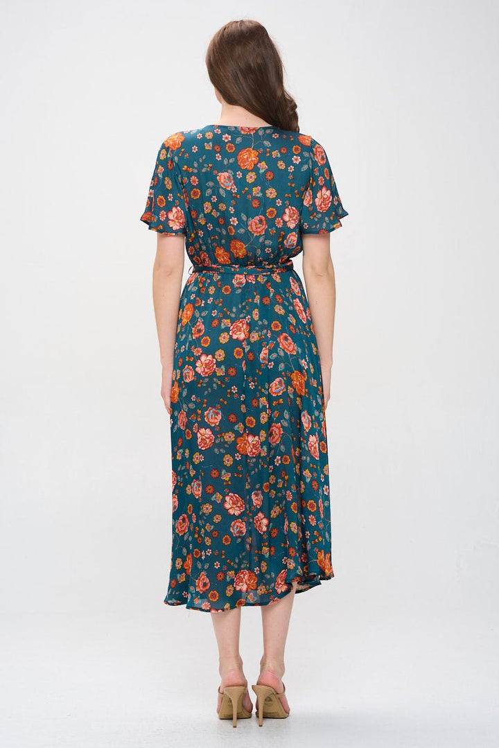 Image of West K Mira Flutter Sleeve Surplice Neck Georgette Midi Dress Dark Teal Floral